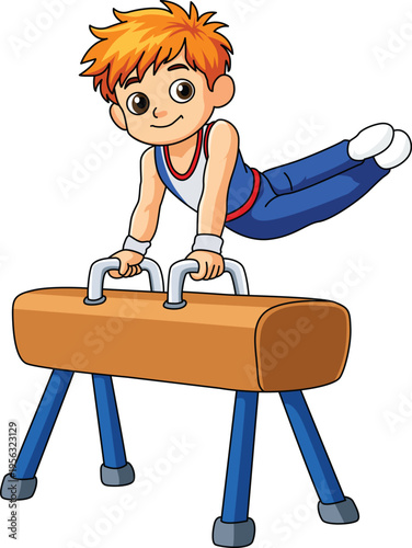 Cute Cartoon Boy Gymnast on Pommel Horse Illustration