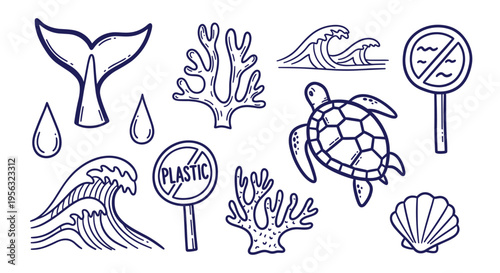 Ocean conservation icons sea turtle waves coral reef and plastic pollution warning signs for environmental protection awareness