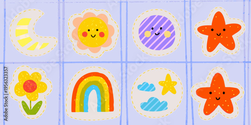 Colorful cartoon illustrations of celestial bodies and cheerful shapes