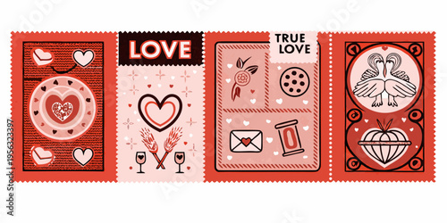 A collection of vintage style postage stamps featuring romantic love symbols