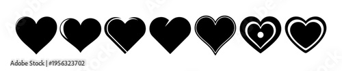 Set of Black Heart Shape Silhouettes for Valentine Day Design