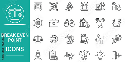 Break Even Point outline icon set. Containing balanced budget, balance, financial gain, strategy, profit and loss, and more. 