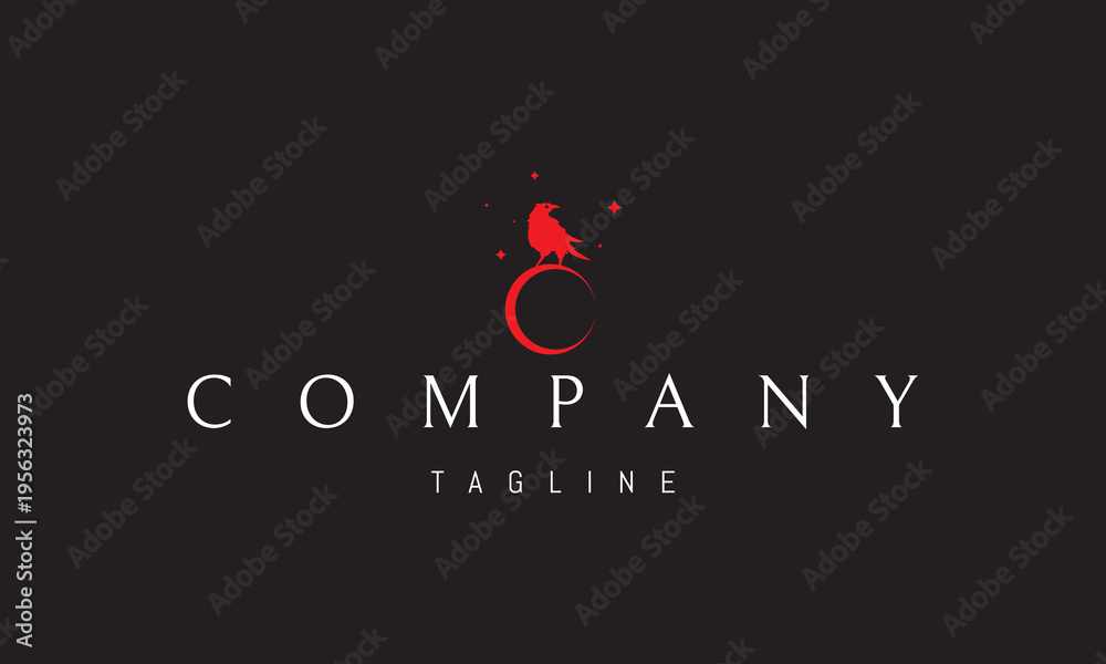Fototapeta premium A vector red logo featuring a crow sitting on the moon, symbolizing mystery, wisdom, night, and mystical connection with the celestial world.