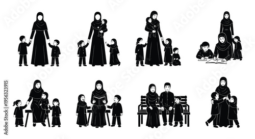 Diverse silhouettes of muslim women with children in various settings