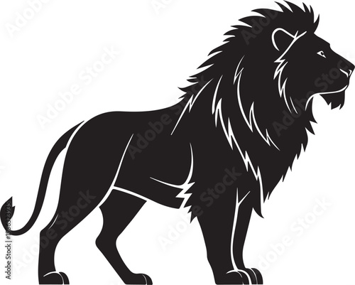 Black and white side profile of a majestic male lion with a full mane