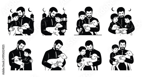 Black and white illustrations of fathers with children and a sacrificial lamb
