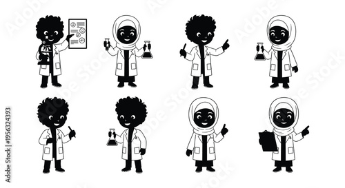 Diverse group of cartoon scientists conducting experiments in a laboratory setting