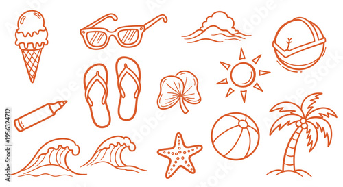 Summer vacation beach icons collection with ice cream sunglasses flip flops palm tree and waves