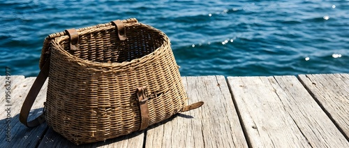 Vintage Wicker Fishing Creel on Sun-Bleached Walkway for Coastal Heritage and Quiet Ocean Charm