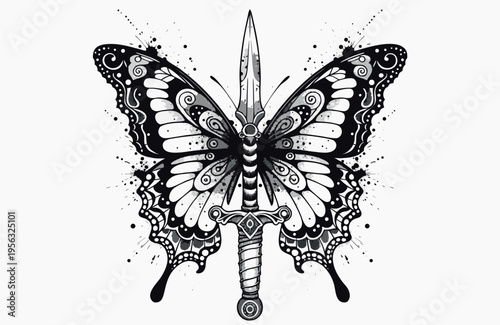 A design shows a butterfly with wings spread wide. The butterfly has a sword in the center and displays fine details in black ink. This artwork highlights a bold and unique style.