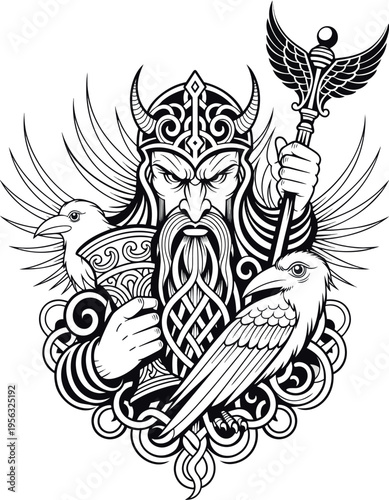 A Norse god stands with a staff in one hand, two birds by his side. He has a long beard and wears a horned helmet. The design has many swirls and is very striking.