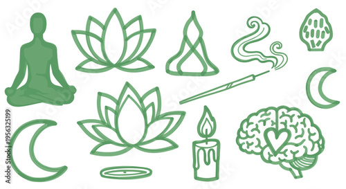 Mindfulness and wellness icons including meditating person, lotus flowers, moon, candle, incense, and brain with heart for mental health and spiritual balance