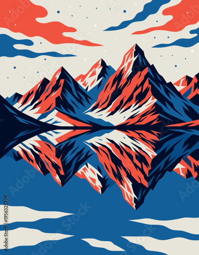 Mountains stand tall under a vibrant sky during sunset. The colors reflect in the water below, creating a striking scene of nature.