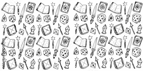 A collection of hand drawn fantasy objects including swords gems and books