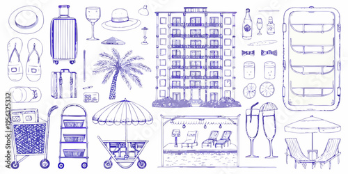 A collection of hand drawn travel items and a coastal building