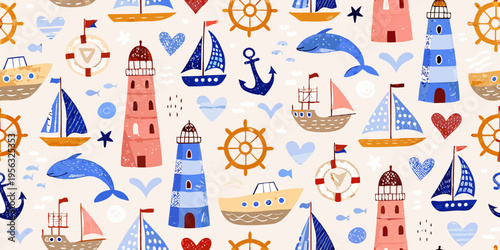 Nautical themed seamless pattern with ships lighthouses and marine life