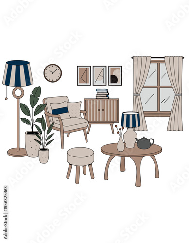 Modern living room design featuring furniture and decor in light colors and simple shapes arranged in a cozy space Generative AI