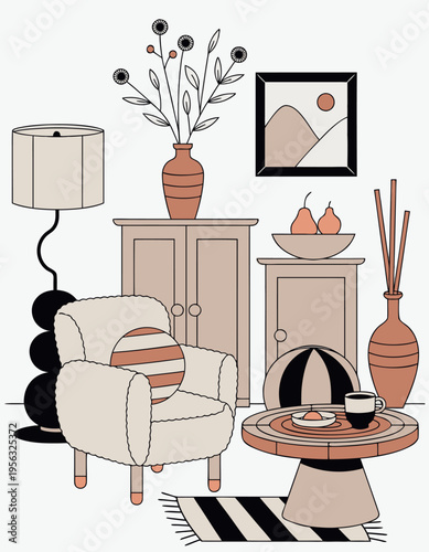 Living room with simple furniture and decorations in a cozy setting at home in the afternoon sunlight Generative AI