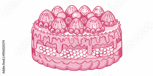A beautifully illustrated pink strawberry shortcake with detailed frosting