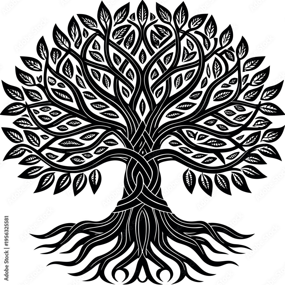 Obraz premium Tree with intricate branches and roots in black and white design on a plain background Generative AI