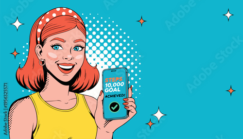 Fit Woman Showing 10,000 Steps on Smartphone Fitness Tracker App Pop Art Vector Illustration for Healthy Lifestyle, Wellness Coaching, and Exercise Marketing with Copy