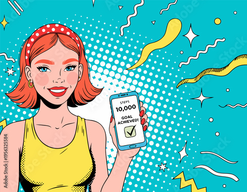 Fit Woman Showing 10,000 Steps on Smartphone Fitness Tracker App Pop Art Vector Illustration for Healthy Lifestyle, Wellness Coaching, and Exercise Marketing with Copy