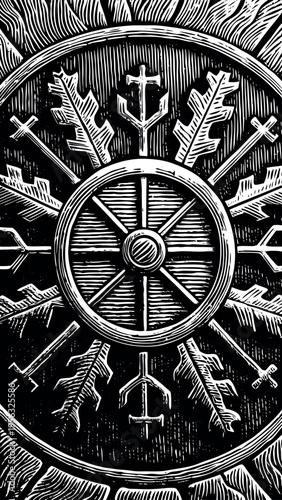 Wood carving of a round design with symbols and shapes, drawn in black and white on a solid background during daytime Generative AI
