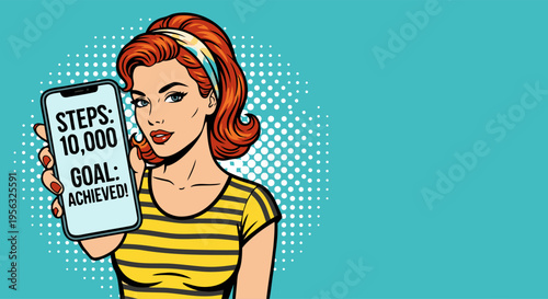 Fit Woman Showing 10,000 Steps on Smartphone Fitness Tracker App Pop Art Vector Illustration for Healthy Lifestyle, Wellness Coaching, and Exercise Marketing with Copy