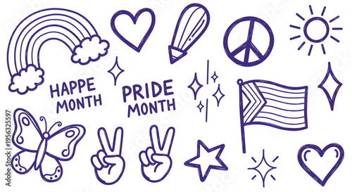 Happy Pride Month doodle icons rainbow butterfly peace sign heart sun and flag celebrating diversity and love