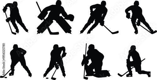 Ice hockey player silhouettes set showing skating, shooting and goalie positions, winter sport action collection isolated on white background, dynamic athletes illustration concept