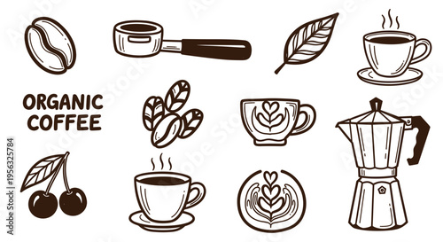 Organic Coffee Collection Hand Drawn Icons Featuring Beans Cherries Moka Pot Espresso Cups and Leaves