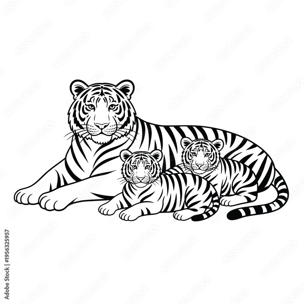 Fototapeta premium Black and white of a tiger and two cubs line animal