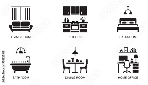 Set of six flat vector icons for different rooms in house, ideal for interior design applications and concepts
