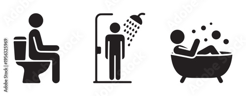 Bathroom activities pictograms showing person using toilet taking shower and relaxing in bathtub with bubbles