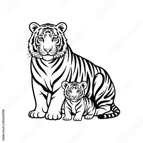 Black and white of a tiger and a tiger cub sitting together