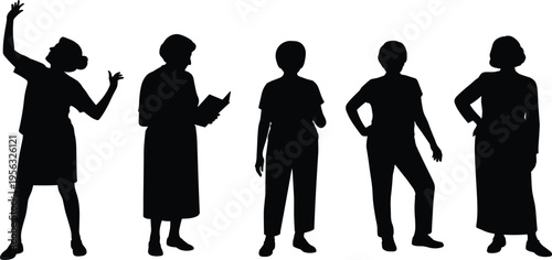Women silhouettes set showing different poses and activities, female figures collection isolated on white background, lifestyle concept illustration with diverse characters and gestures