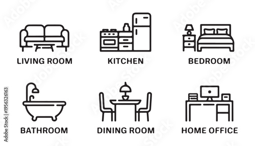 Various icons depicting different rooms in a house: living room, kitchen, bedroom, bathroom, dining room, home office.