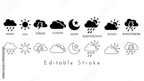 "Black Flat Vector Weather Forecast Icon Set – Rainy, Storm, Cloudy, Sunny, Day, Night, Seasonal Symbols for Summer and Winter – Isolated Line Style Collection with Labels and Logos on Wh