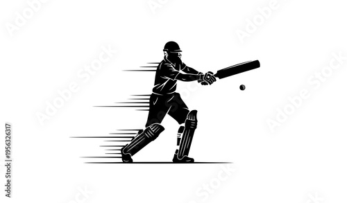 Powerful cricket straight drive silhouette with motion lines dynamic batsman vector isolated on white