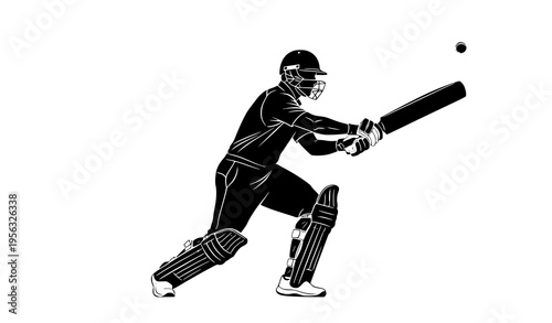 Cricket batsman straight drive silhouette vector with classic test match pose isolated on white background