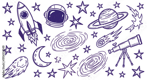 Whimsical Space Exploration Doodle Collection Featuring Rocket Astronaut Planets Stars and Galaxies