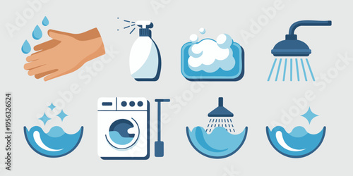 Hygiene and cleaning icons featuring hand washing soap bubbles shower head and laundry machine for sanitation