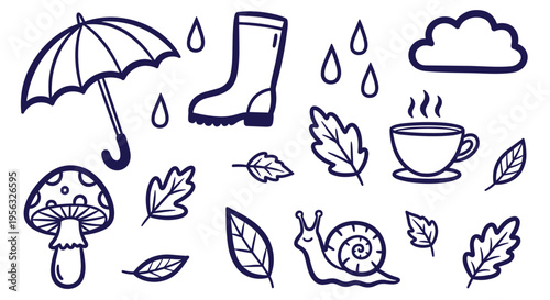 Charming Autumn Doodles Collection Umbrella Snail Mushroom Leaves and Hot Drink for Cozy Season Vibes
