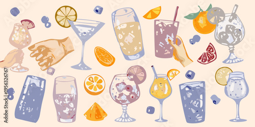 Colorful illustration of various cocktail glasses citrus fruits and decorative elements