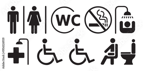 Public restroom icons: male, female, WC, no smoking, shower, accessible, toilet. Men, women, disabled.