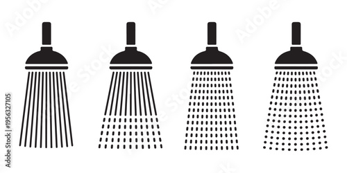 Shower head icons displaying various water stream styles from solid lines to dotted spray for plumbing catalogs