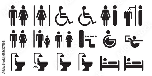 Hospital and clinic signage icons featuring patient beds toilets disabled access and medical facility navigation
