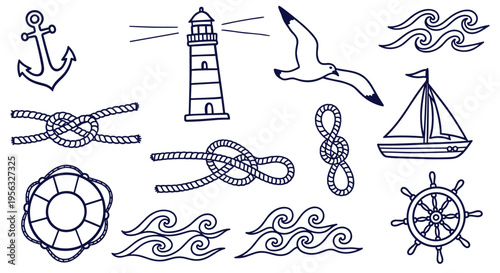 Nautical Icons Set Anchor Lighthouse Seagull Ship Wheel Lifebuoy Rope Knots Waves