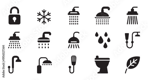 Set of 15 plumbing and bathroom icons, including lock, snowflake, various showers, and toilet, for diverse usage