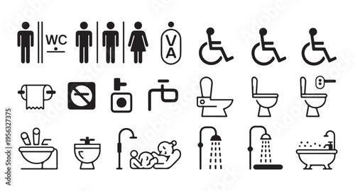 Collection of bathroom and public restroom icons, including gender symbols, disability access, and sanitary fixtures
